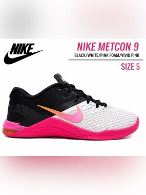 Nike Metcon 9 Training Shoes Black White Pink Foam Vivid Pink Size 5 NWOB